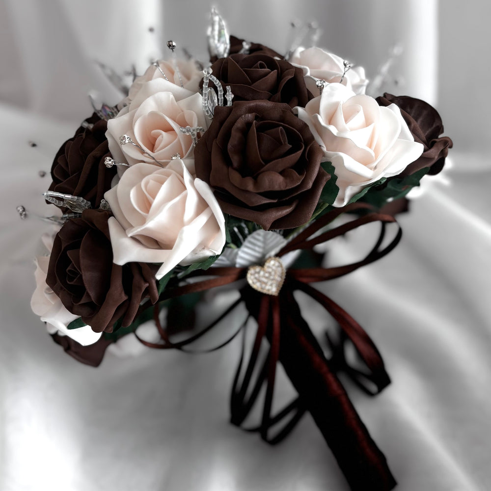 Artificial Wedding Bouquet, Brown & Peach Mist Roses FL79