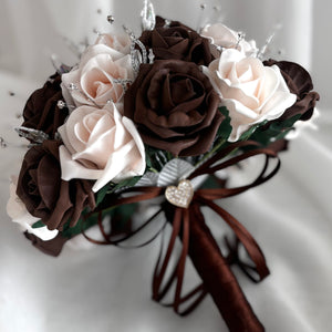 Artificial Wedding Bouquet, Brown & Peach Mist Roses FL79