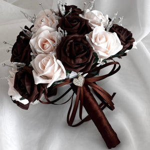 Artificial Wedding Bouquet, Brown & Peach Mist Roses FL79