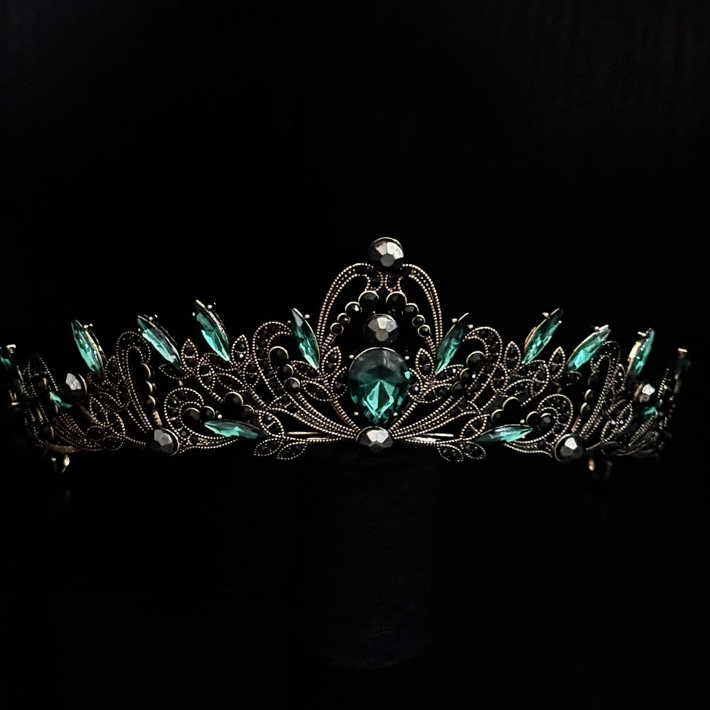 Antique Gold Wedding Tiara with Emerald Green and Black Crystals TT1008