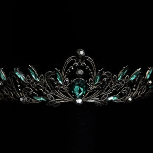 Antique Gold Wedding Tiara with Emerald Green and Black Crystals TT1008