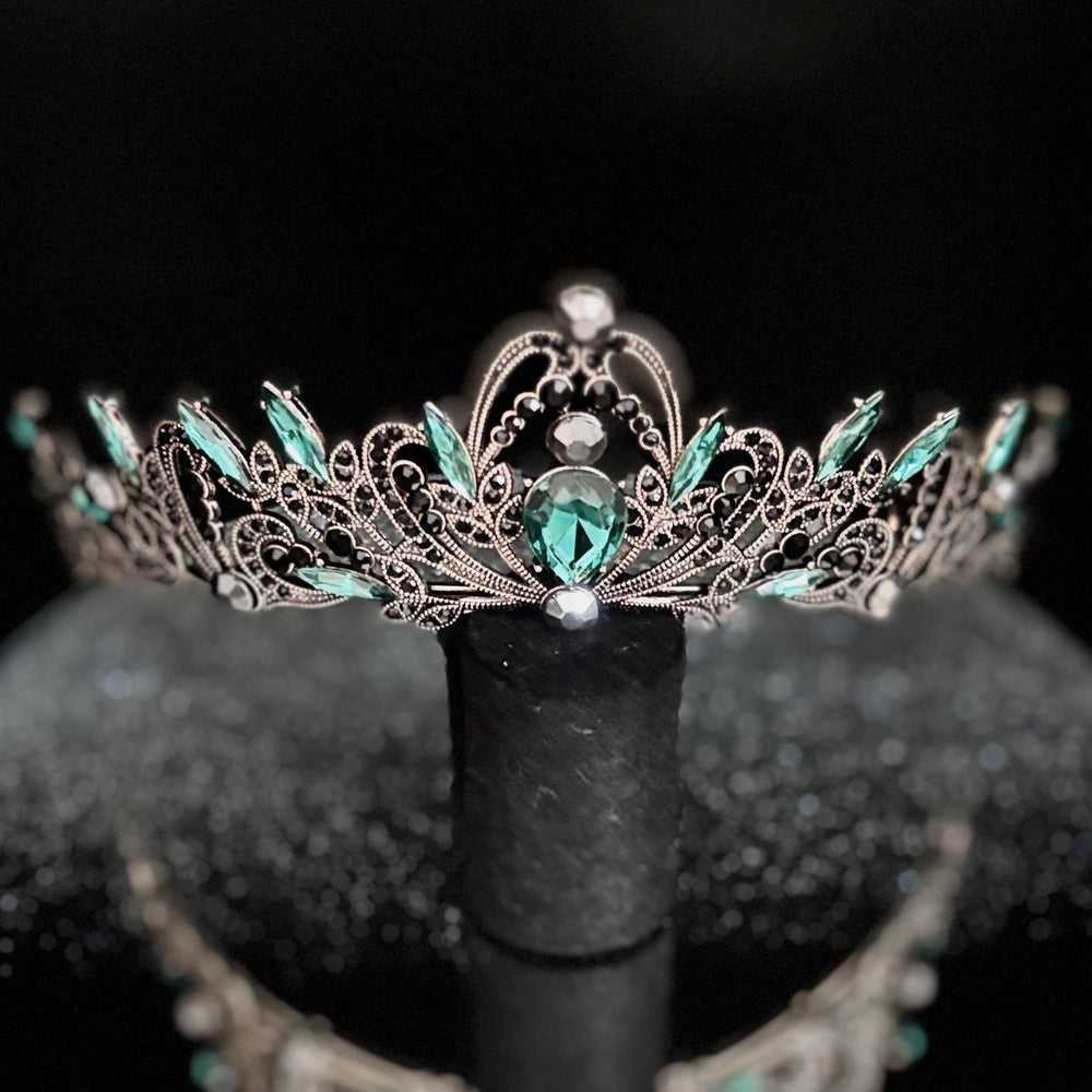 Antique Gold Wedding Tiara with Emerald Green and Black Crystals TT1008