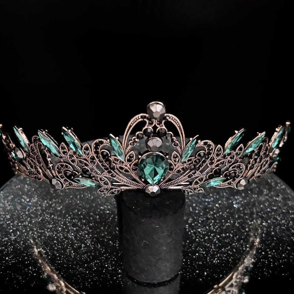 Antique Gold Wedding Tiara with Emerald Green and Black Crystals TT1008