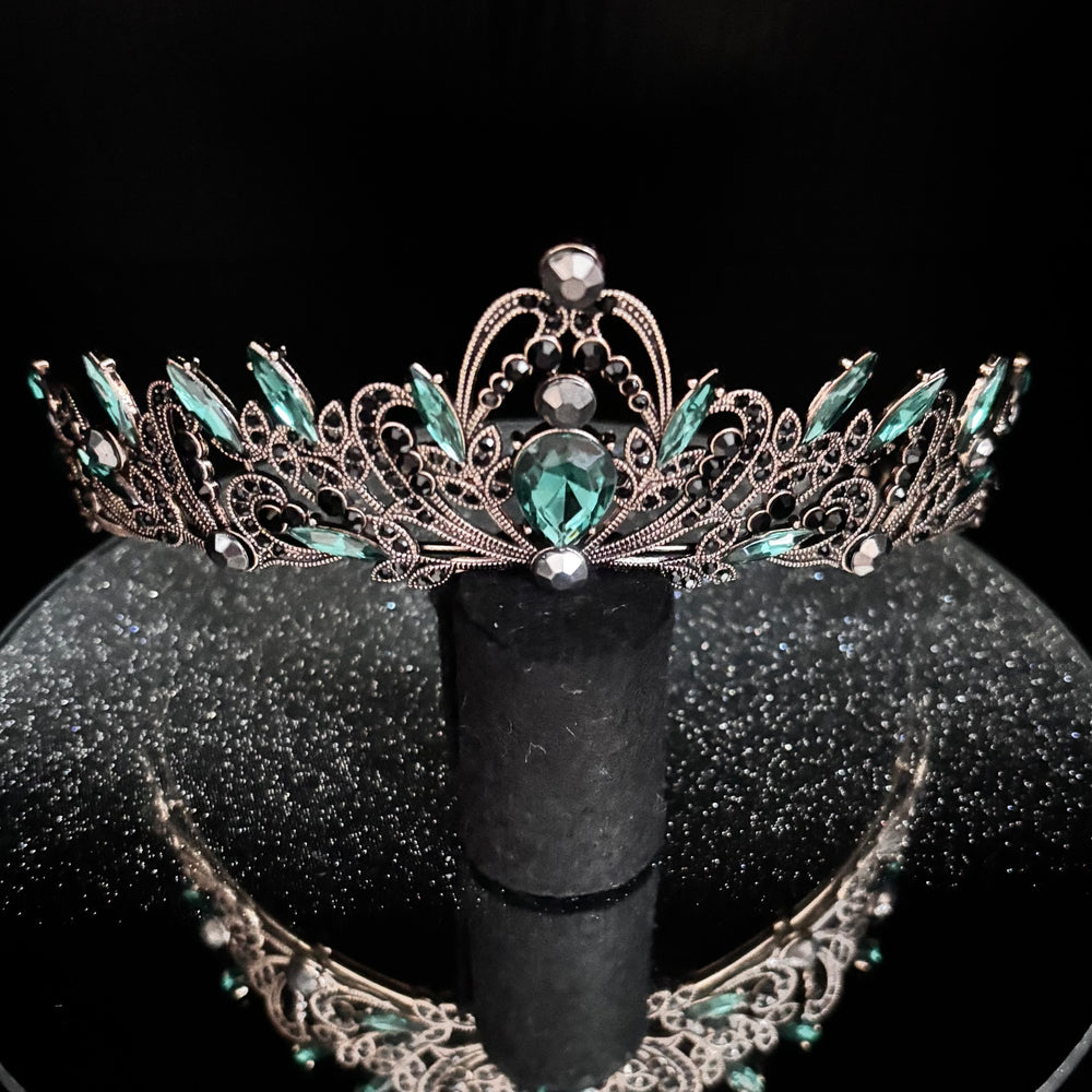 Antique Gold Wedding Tiara with Emerald Green and Black Crystals TT1008