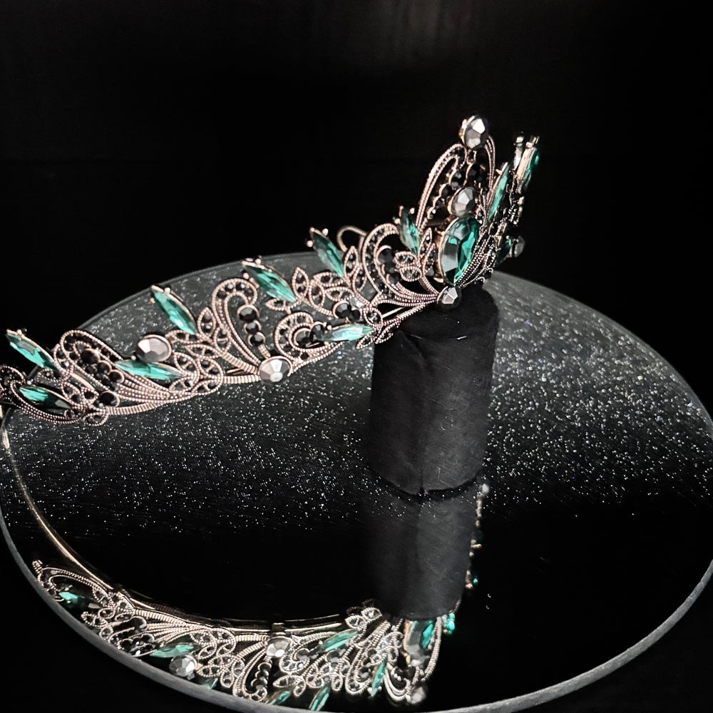 Antique Gold Wedding Tiara with Emerald Green and Black Crystals TT1008