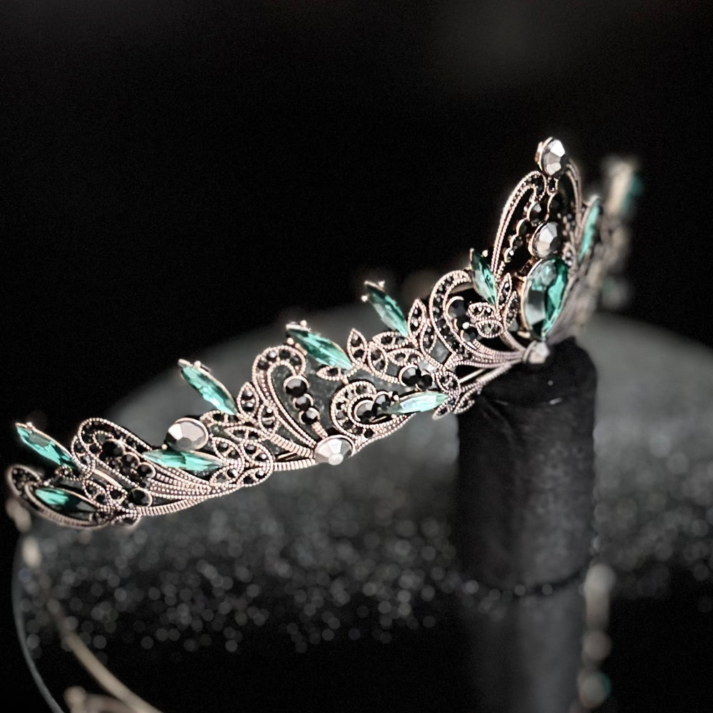 Antique Gold Wedding Tiara with Emerald Green and Black Crystals TT1008