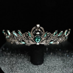 Antique Gold Wedding Tiara with Emerald Green and Black Crystals TT1008