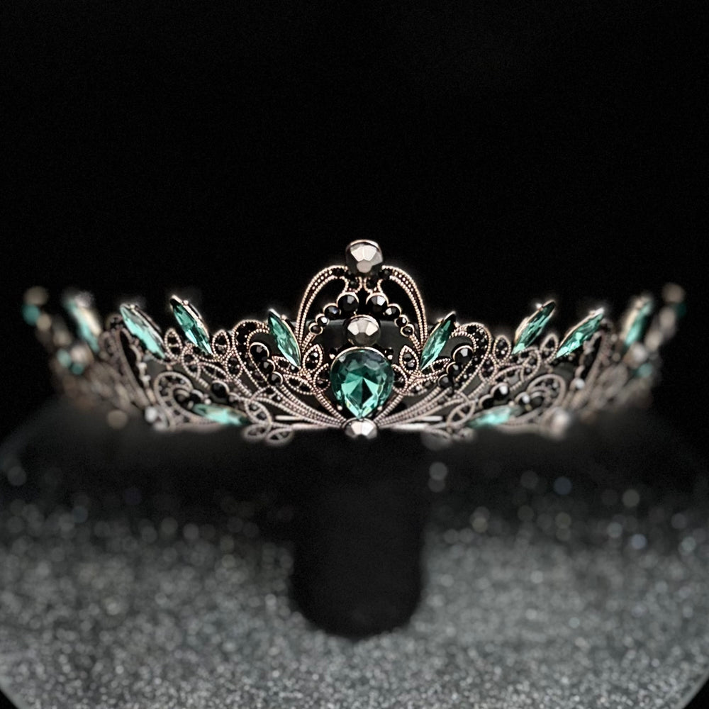 Antique Gold Wedding Tiara with Emerald Green and Black Crystals TT1008