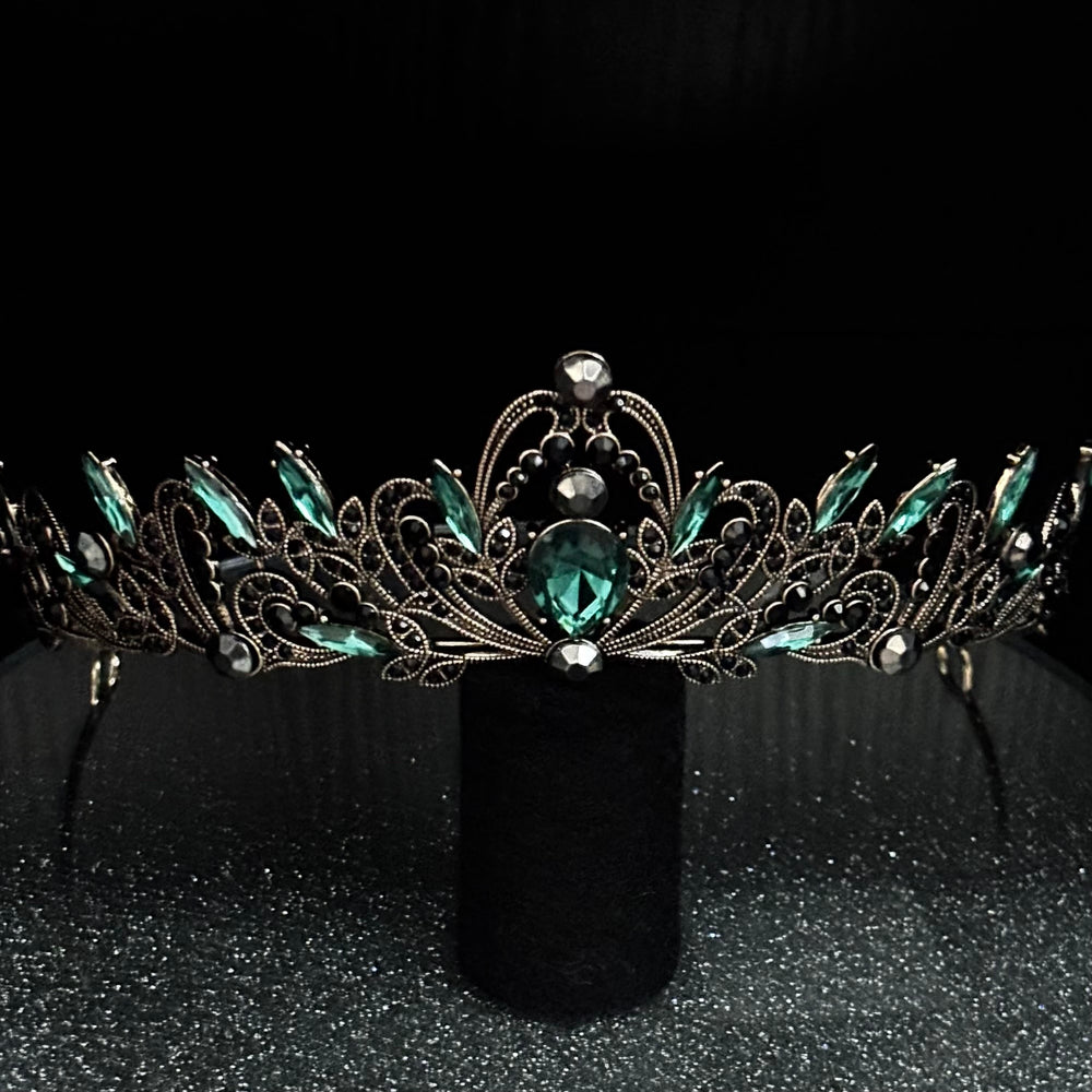 Antique Gold Wedding Tiara with Emerald Green and Black Crystals TT1008