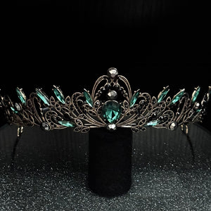 Antique Gold Wedding Tiara with Emerald Green and Black Crystals TT1008