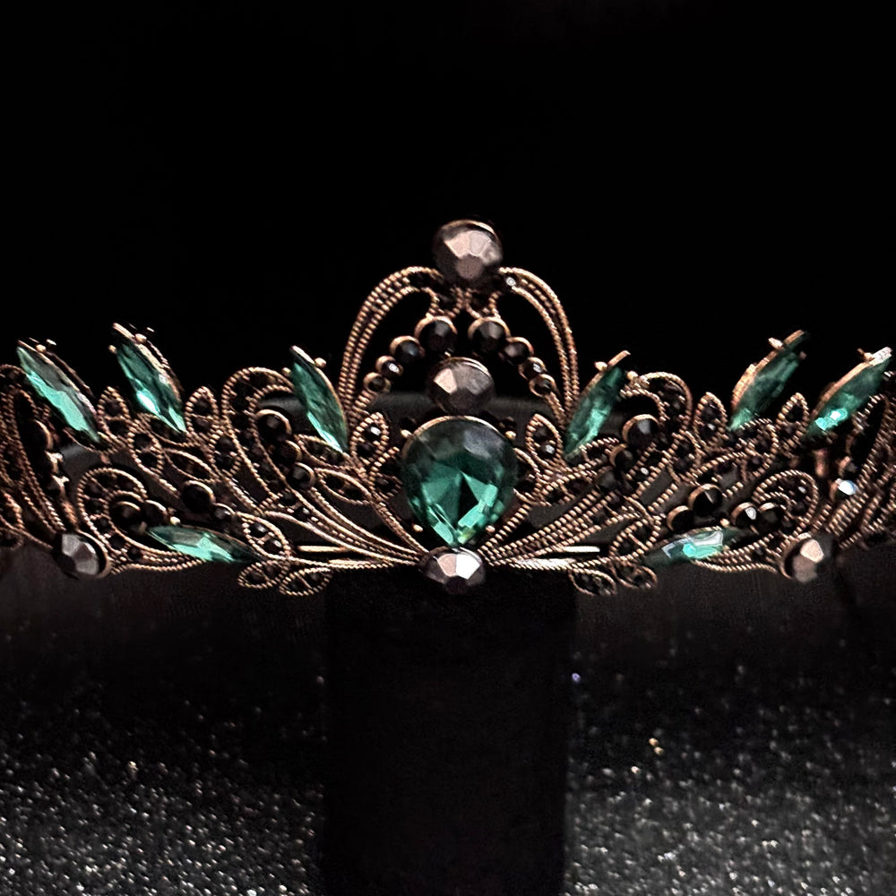 Antique Gold Wedding Tiara with Emerald Green and Black Crystals TT1008