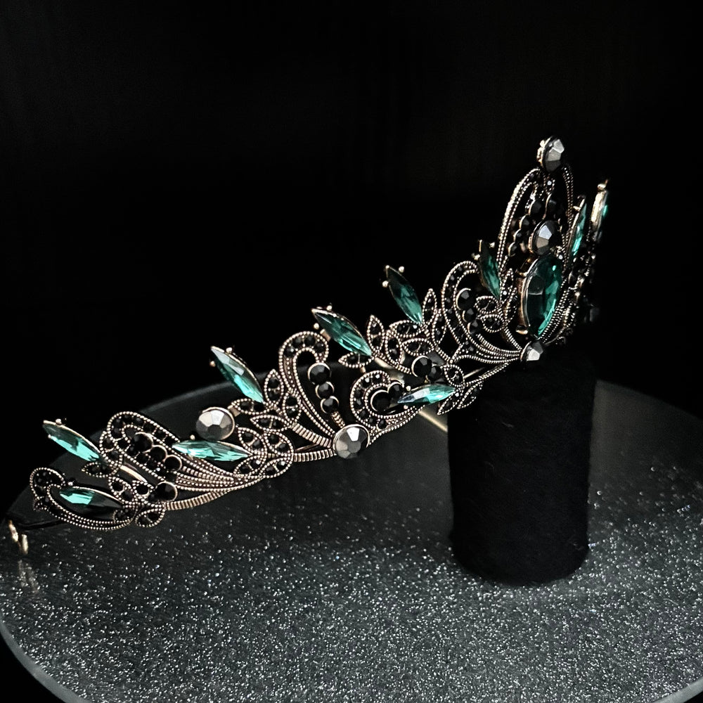 Antique Gold Wedding Tiara with Emerald Green and Black Crystals TT1008