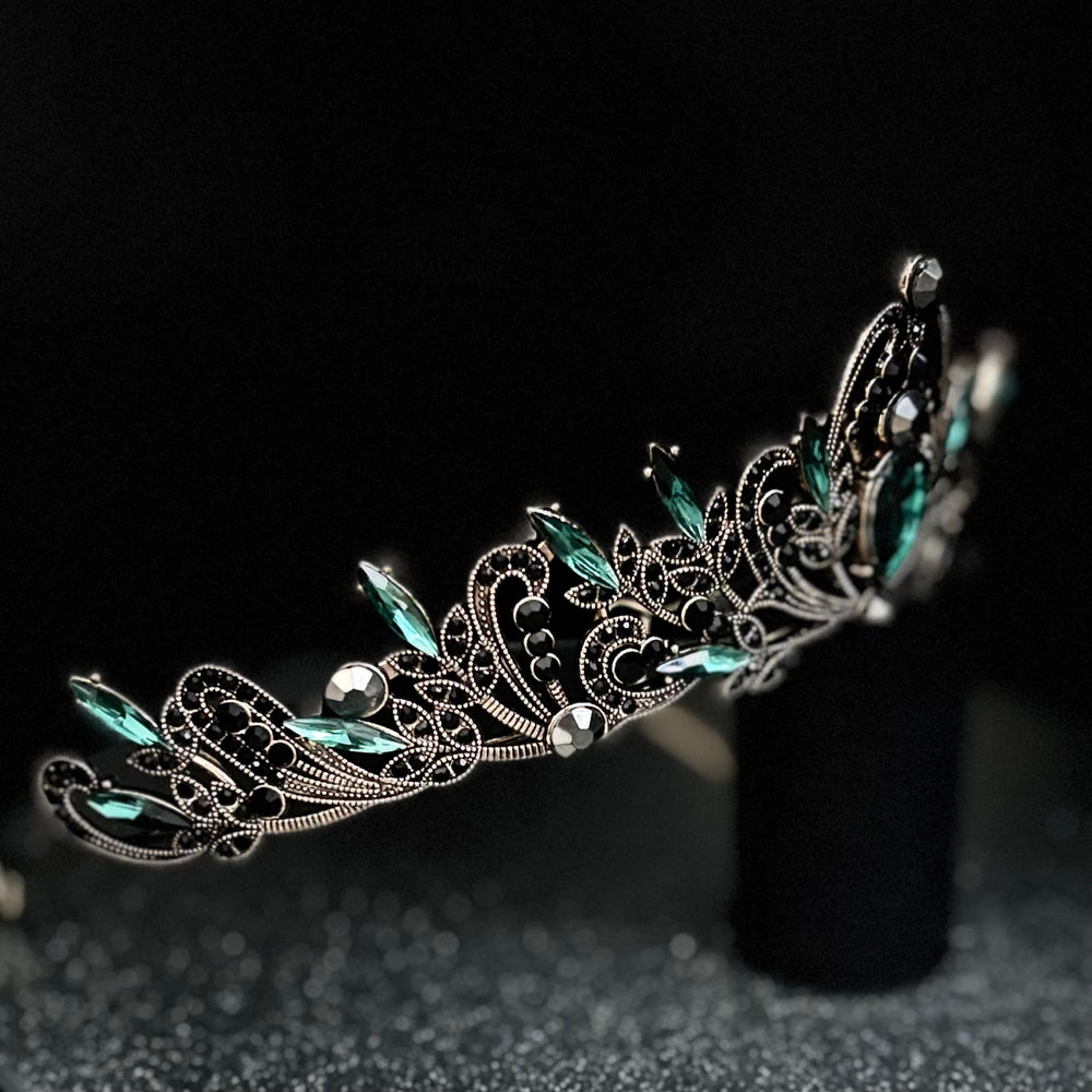 Antique Gold Wedding Tiara with Emerald Green and Black Crystals TT1008