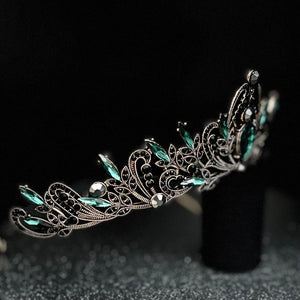 Antique Gold Wedding Tiara with Emerald Green and Black Crystals TT1008