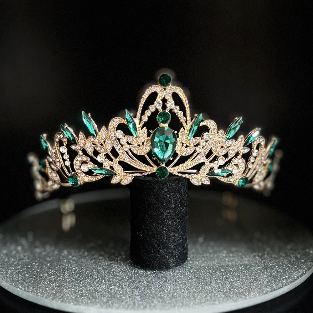 Gold Wedding Tiara with Emerald Green and Clear Crystals, Brides Headdress, TT1007