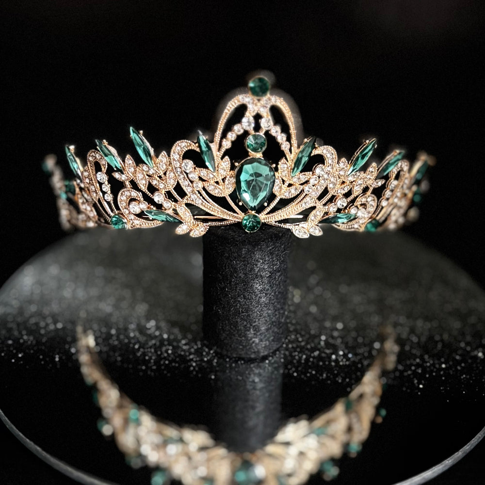 Gold Wedding Tiara with Emerald Green and Clear Crystals, Brides Headdress, TT1007