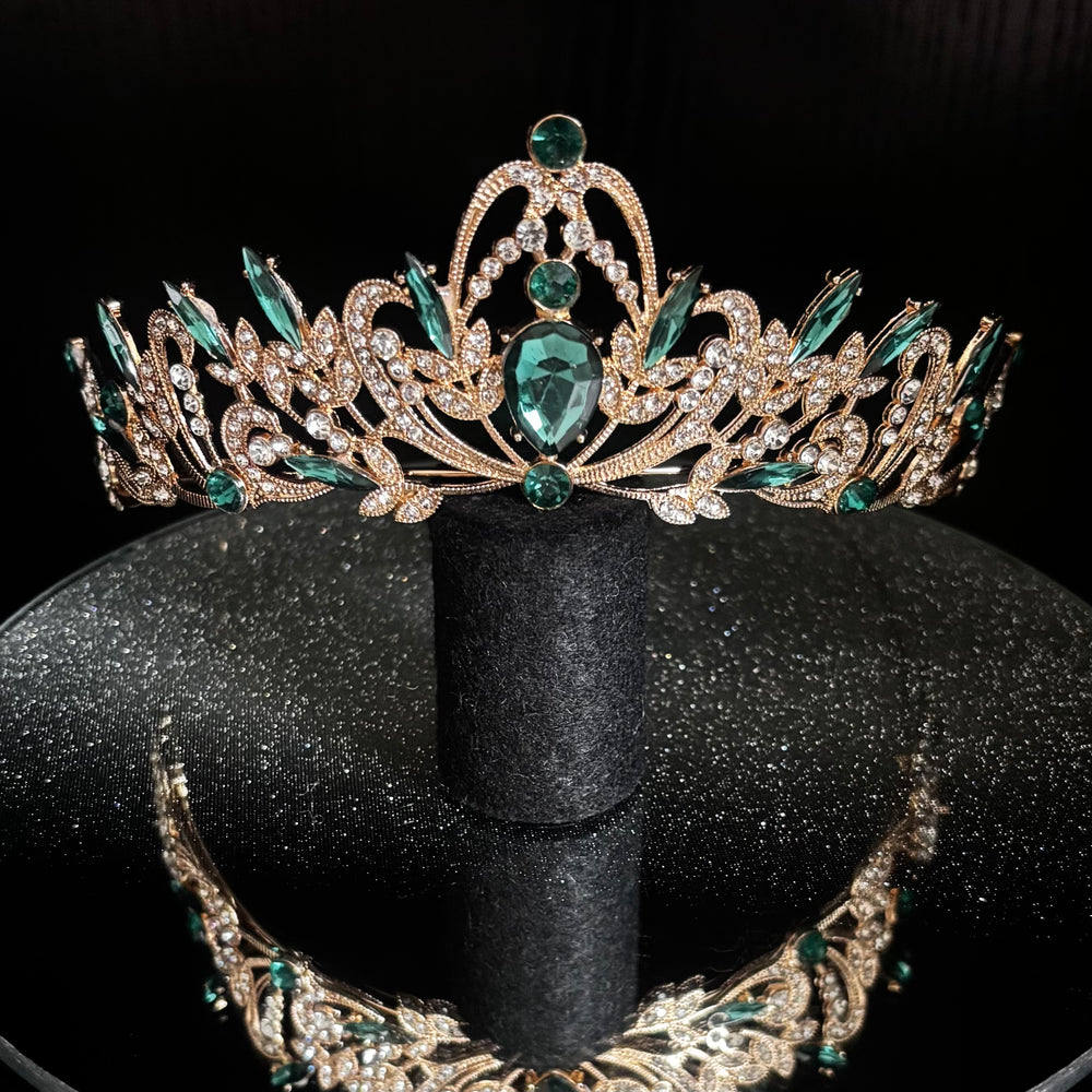 Gold Wedding Tiara with Emerald Green and Clear Crystals, Brides Headdress, TT1007