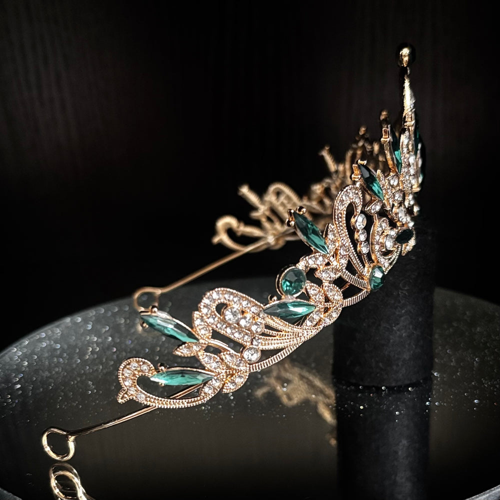 Gold Wedding Tiara with Emerald Green and Clear Crystals, Brides Headdress, TT1007