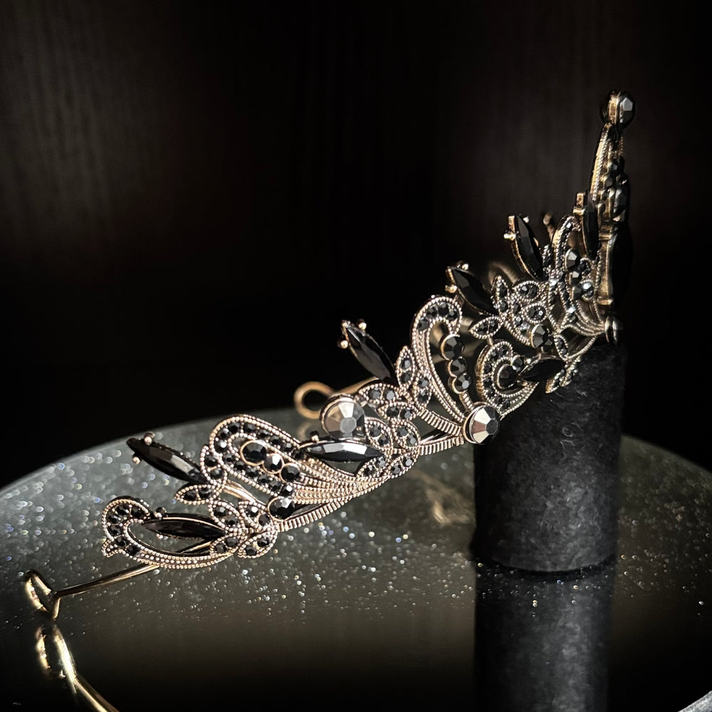 Antique Gold Wedding Tiara with Black Crystals TT1009