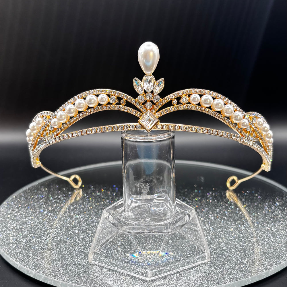 Crystal and Pearl Wedding Tiara, Gold Bridal Headdress TT1015