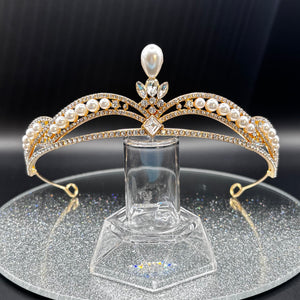 Crystal and Pearl Wedding Tiara, Gold Bridal Headdress TT1015