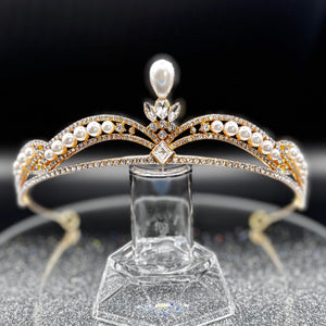 Crystal and Pearl Wedding Tiara, Gold Bridal Headdress TT1015