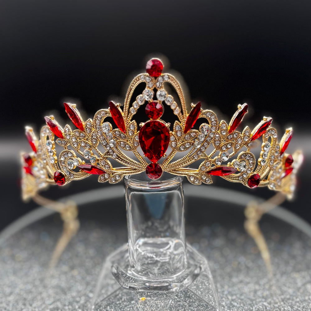 Gold and Red Wedding Tiara with Crystals, Brides Headdress, TT1016