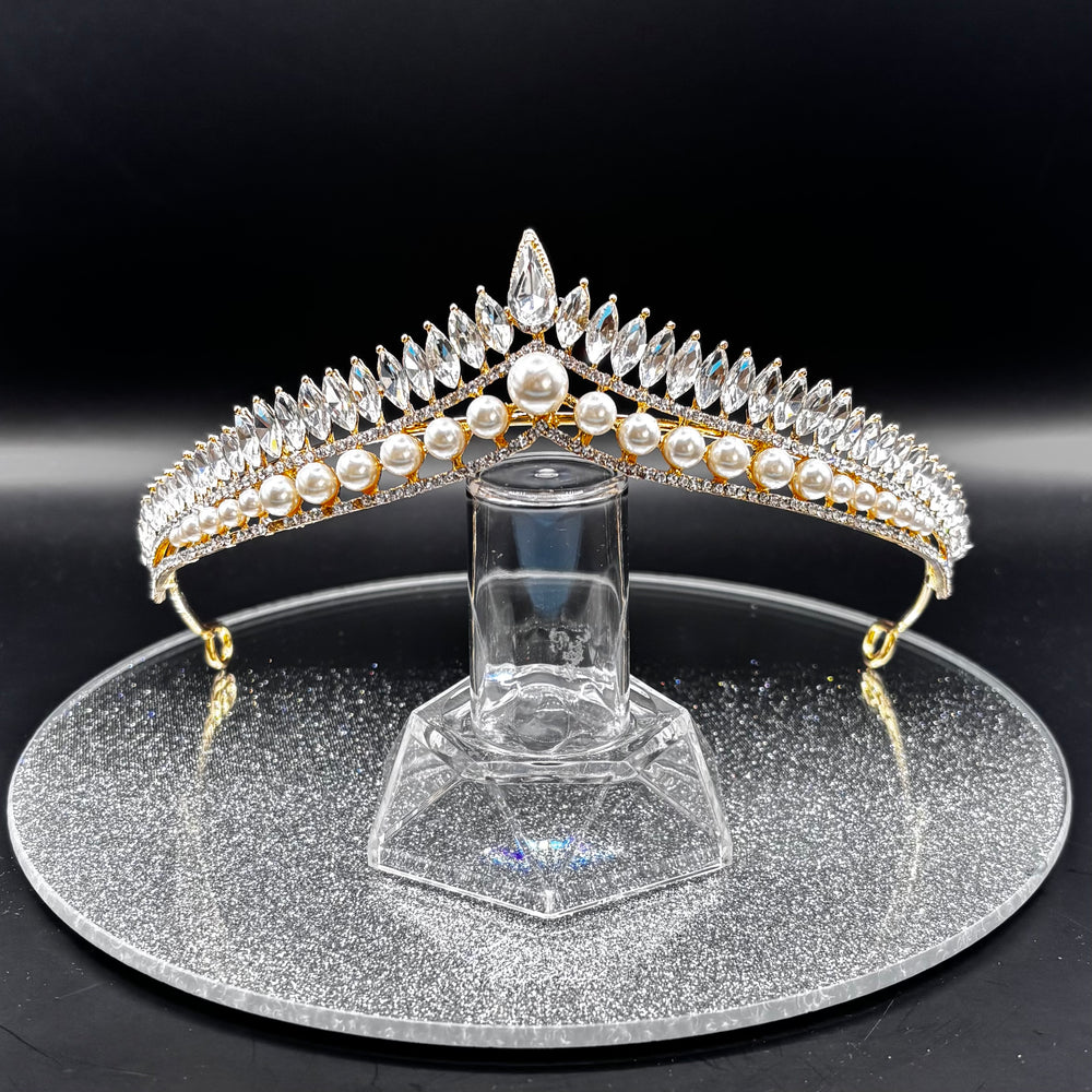 Pearl and Crystal Wedding Tiara, Gold Bridal Headdress TT1013