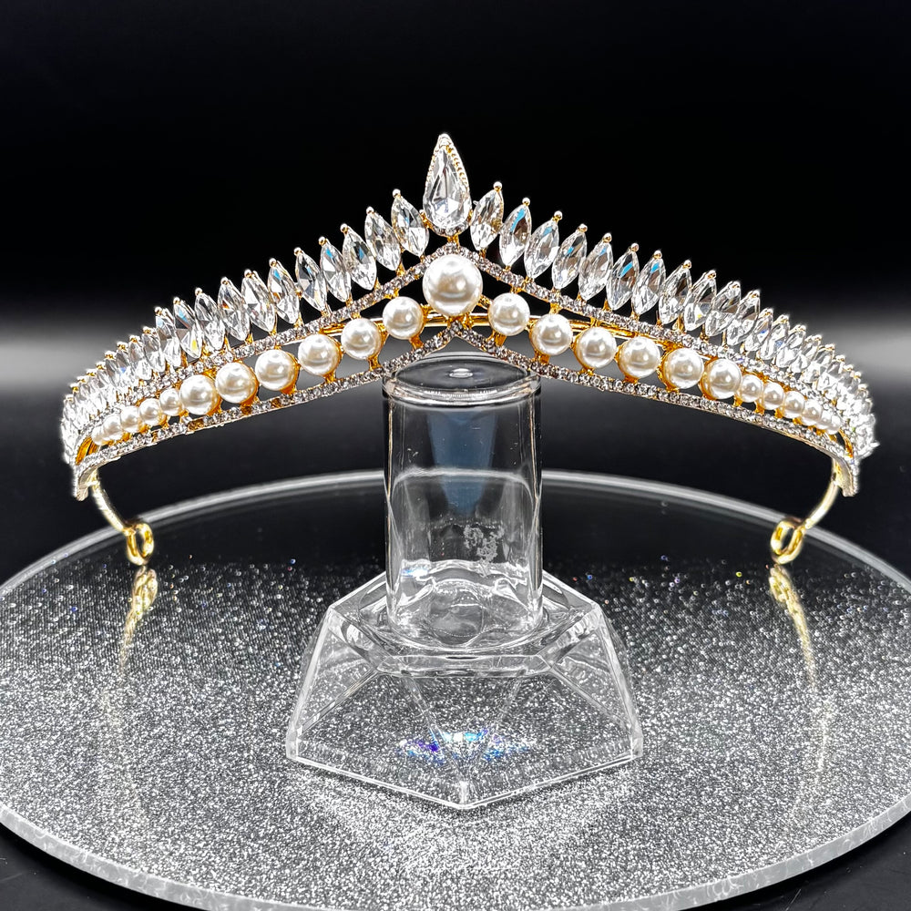 Pearl and Crystal Wedding Tiara, Gold Bridal Headdress TT1013