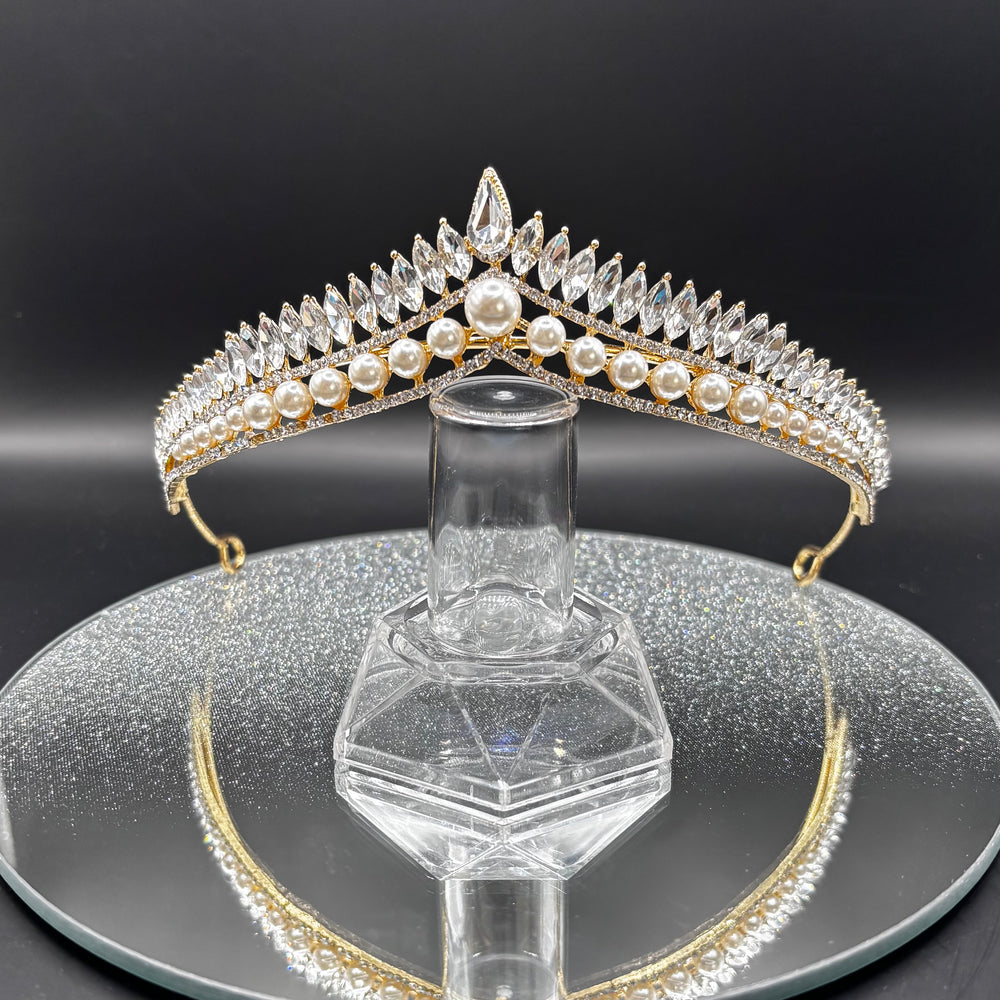 Pearl and Crystal Wedding Tiara, Gold Bridal Headdress TT1013