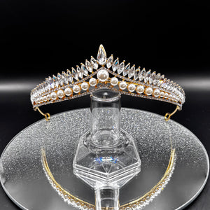 Pearl and Crystal Wedding Tiara, Gold Bridal Headdress TT1013