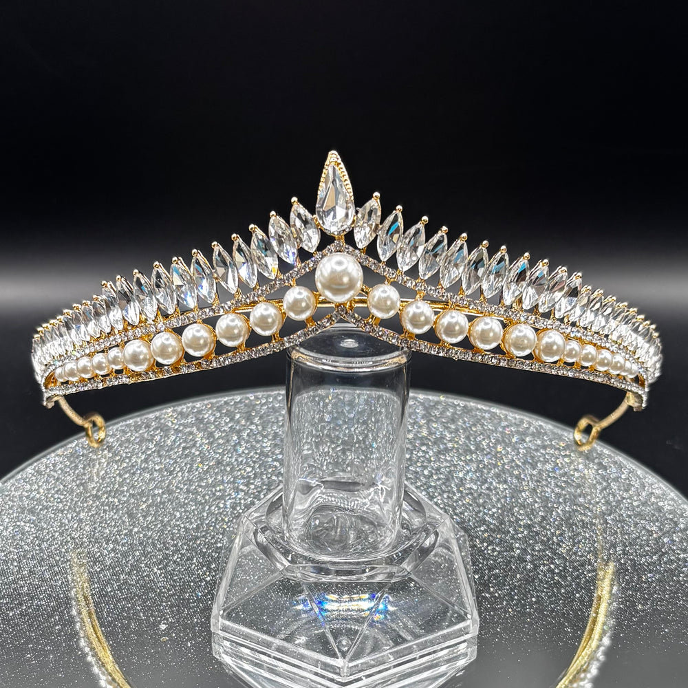 Pearl and Crystal Wedding Tiara, Gold Bridal Headdress TT1013