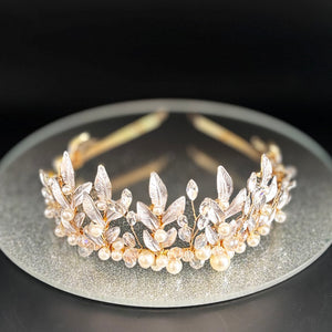 Gold Bridal Headband Embellished with Leaves, Crystals & Pearls, TT1054