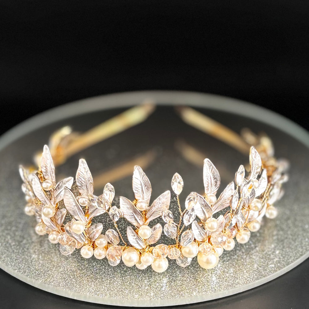 Gold Bridal Headband Embellished with Leaves, Crystals & Pearls, TT1054