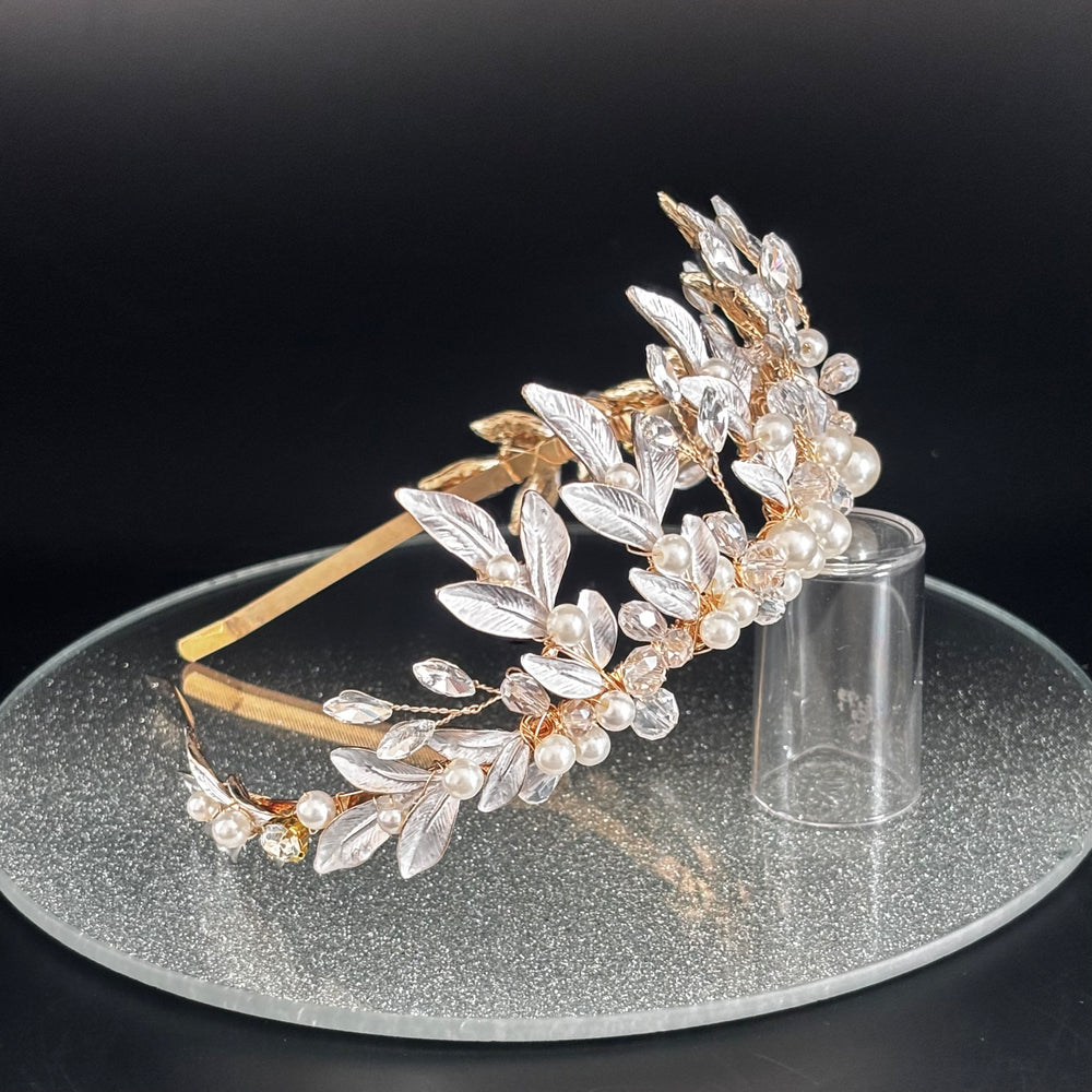 Gold Bridal Headband Embellished with Leaves, Crystals & Pearls, TT1054