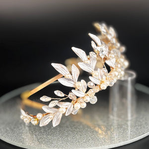 Gold Bridal Headband Embellished with Leaves, Crystals & Pearls, TT1054