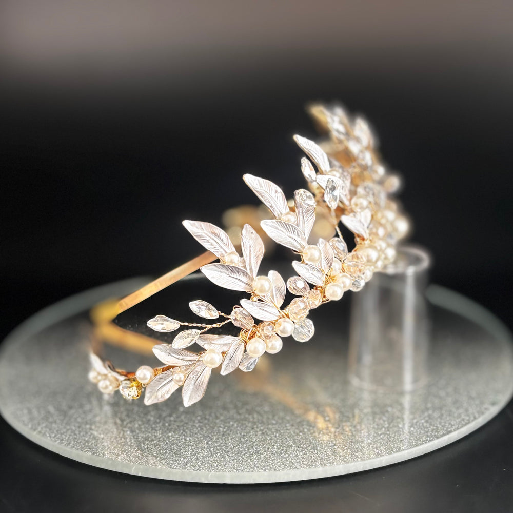 Gold Bridal Headband Embellished with Leaves, Crystals & Pearls, TT1054