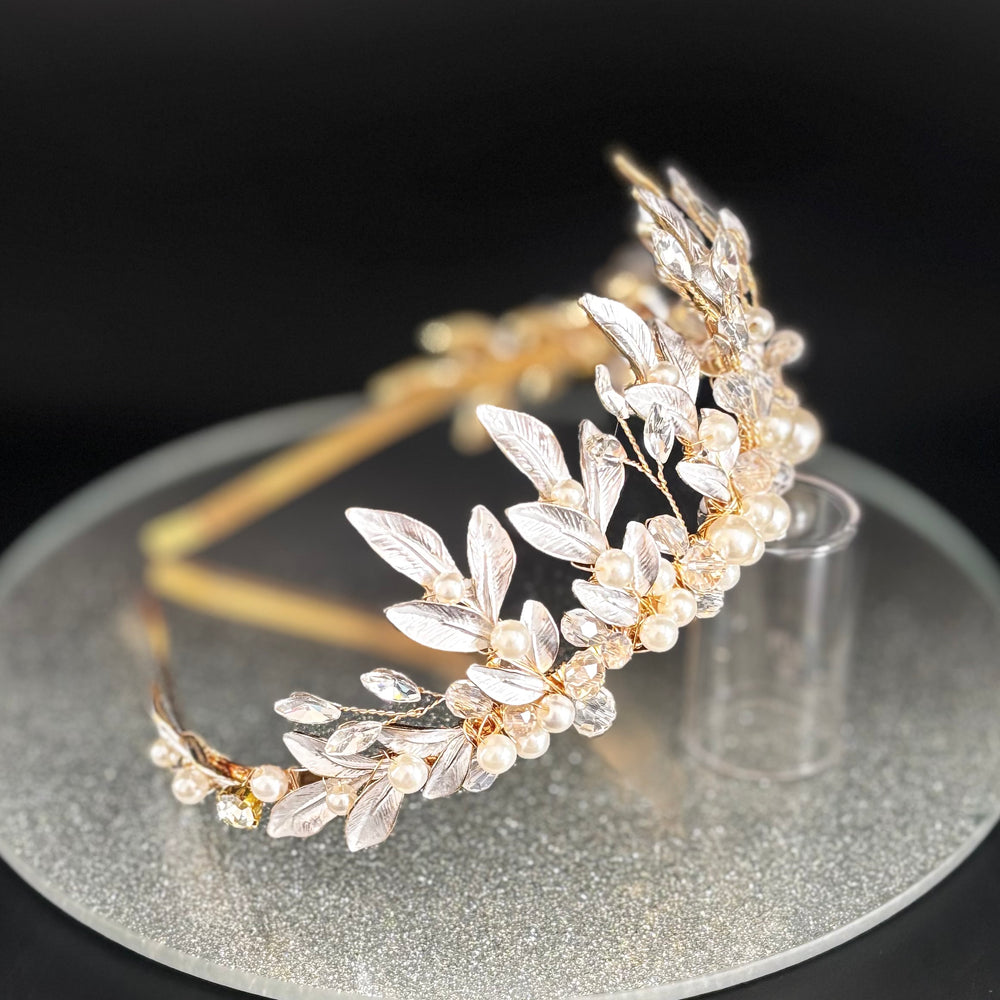 Gold Bridal Headband Embellished with Leaves, Crystals & Pearls, TT1054