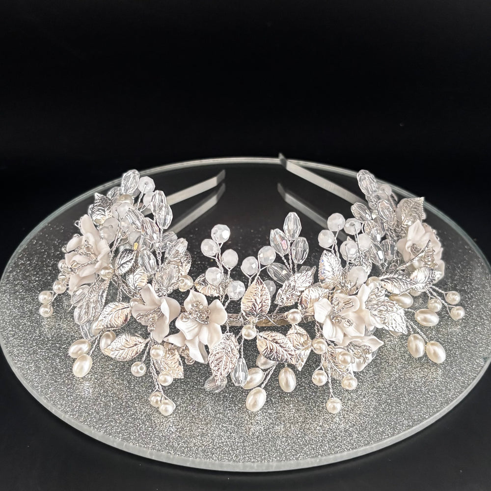 Floral Bridal Headband in Silver with Crystals & Pearls, TT1053