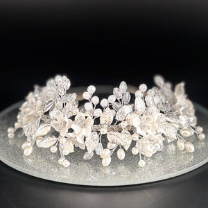 Floral Bridal Headband in Silver with Crystals & Pearls, TT1053