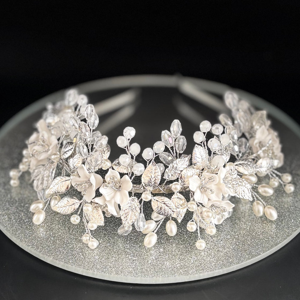 Floral Bridal Headband in Silver with Crystals & Pearls, TT1053