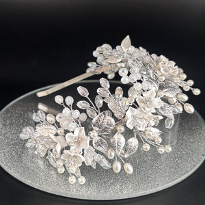 Floral Bridal Headband in Silver with Crystals & Pearls, TT1053