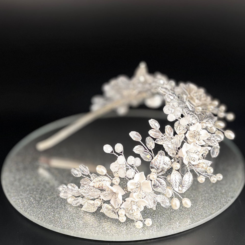 Floral Bridal Headband in Silver with Crystals & Pearls, TT1053