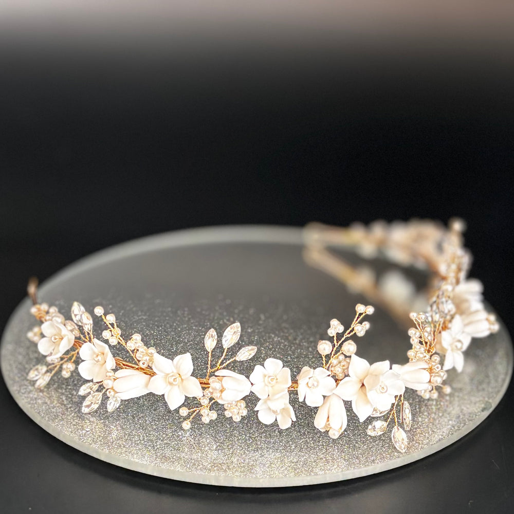 Gold Floral Wedding Headband with Crystals & Pearls, TT1051