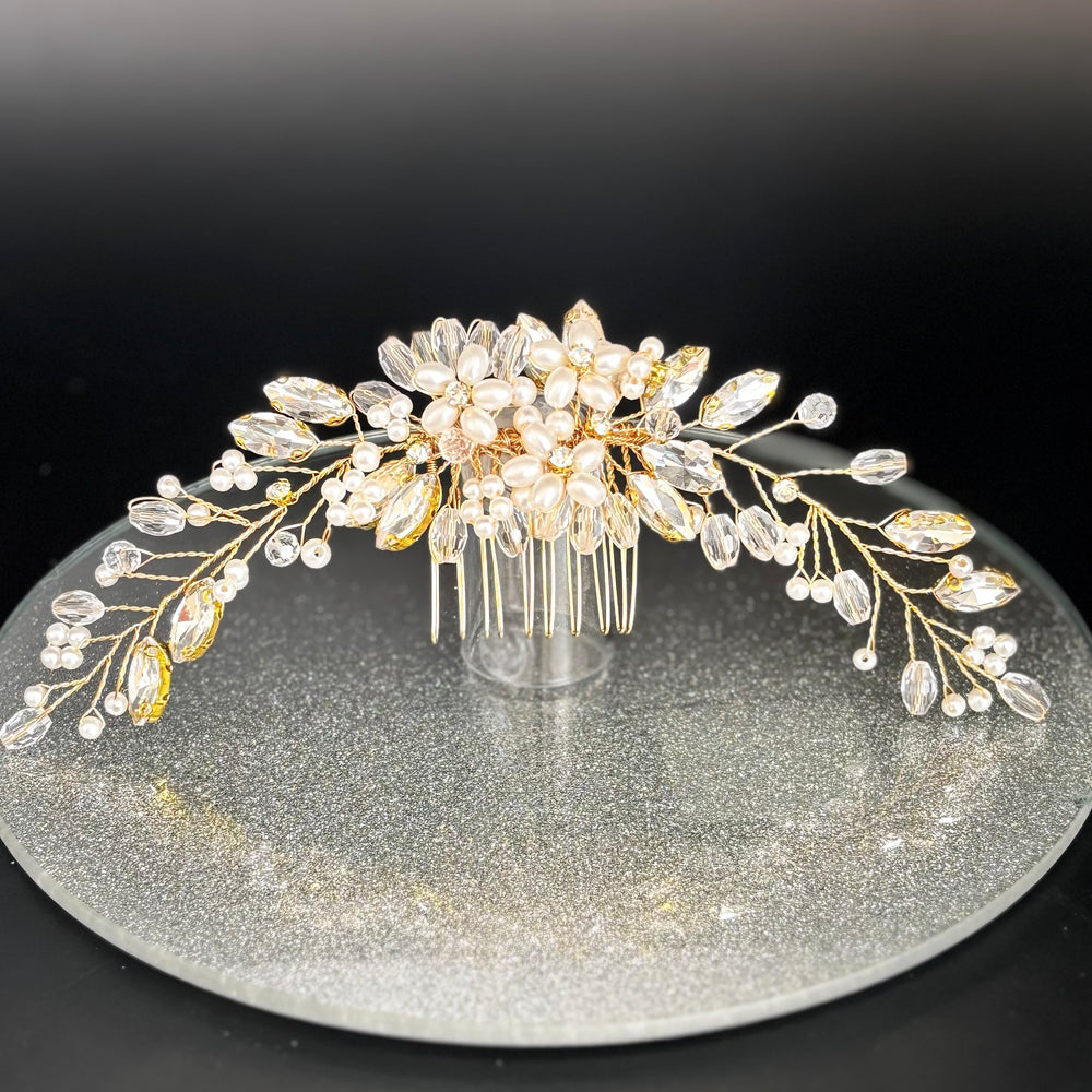 Gold Bridal Hair Comb with Crystals & Pearls TT1056