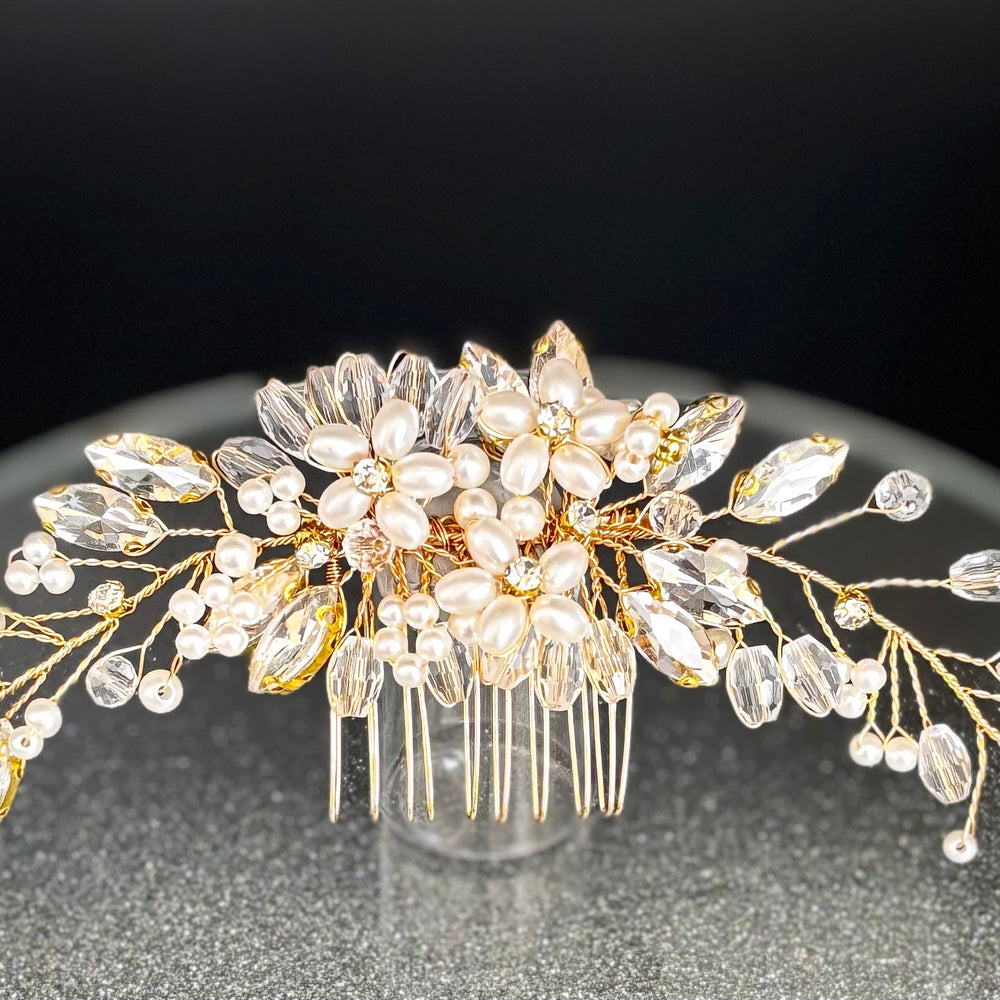 Gold Bridal Hair Comb with Crystals & Pearls TT1056