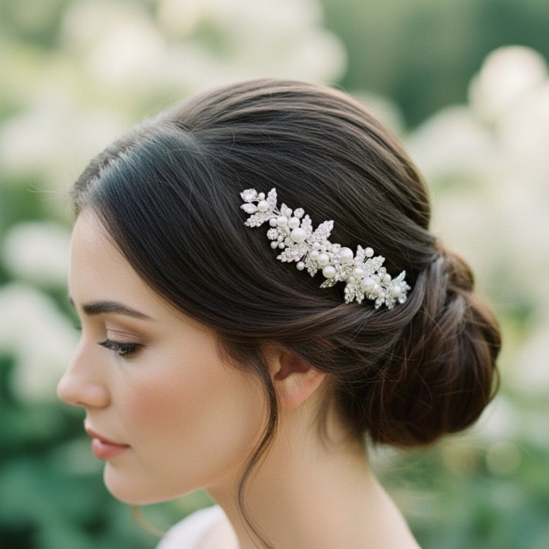 Maisie Bridal Hair Comb with CZ Crystals and Ivory Pearls