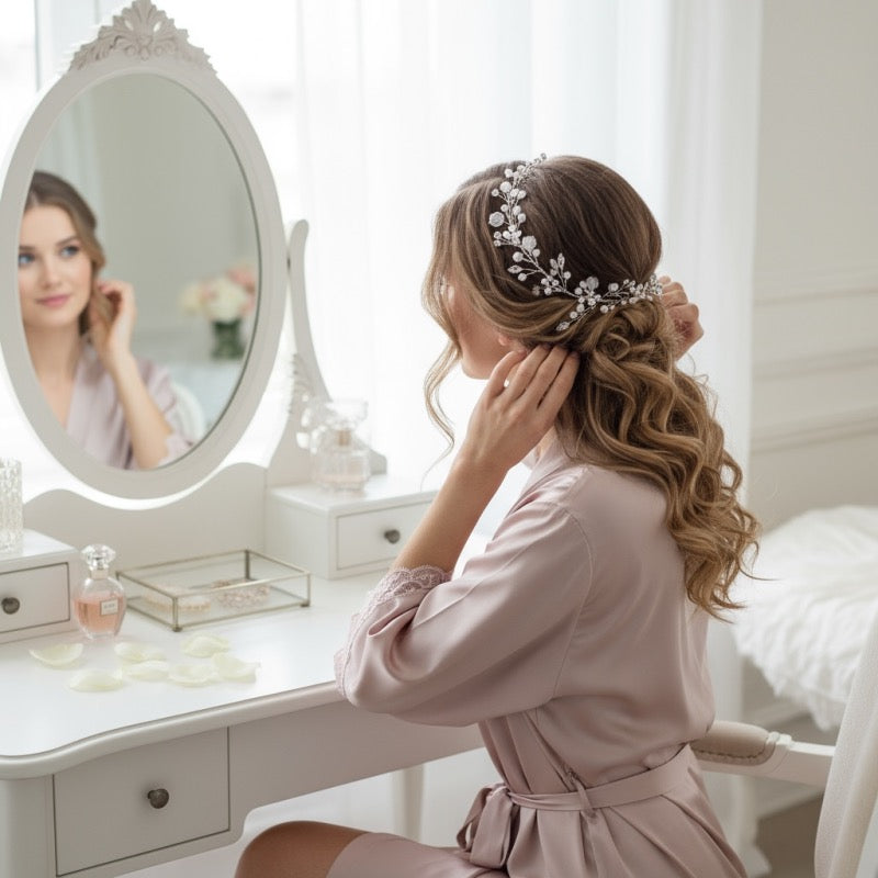 Silver Bridal Hair vine with floral Crystals
