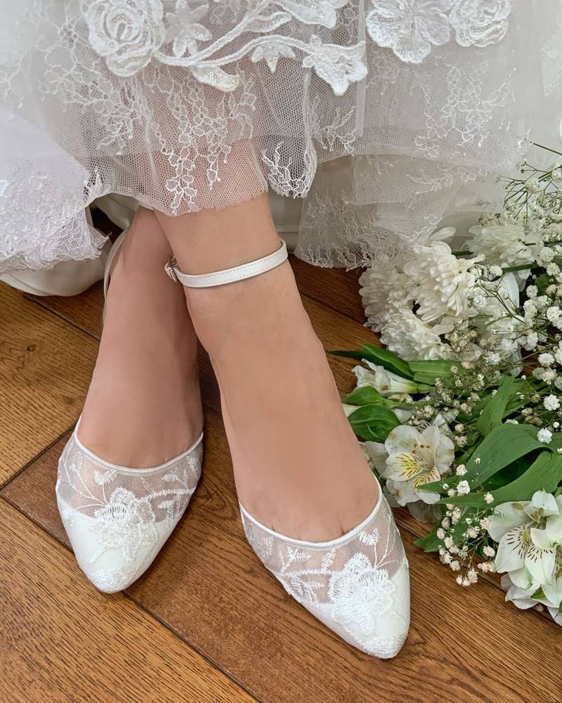 
            
                Load image into Gallery viewer, Ivory Satin and Lace Bridal Shoe with Low Block Heel, By Perfect Bridal, London
            
        