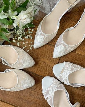 
            
                Load image into Gallery viewer, Ivory Satin and Lace Bridal Shoe with Low Block Heel, By Perfect Bridal, London
            
        